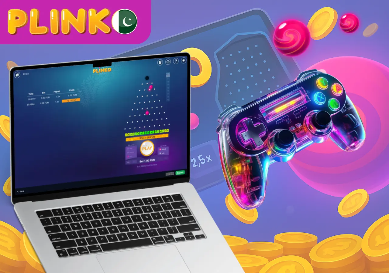 Playing demo mode of Plinko casino game on laptop with colorful gamepad